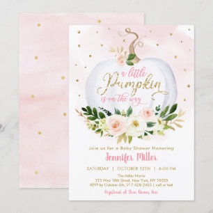 Invitación Pequeña Calabaza Dorada Rosa Floral Baby Shower
