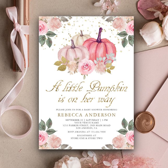 Invitación Pequeña Calabaza Dorada Rosa Floral Baby Shower (Subido por el creador)