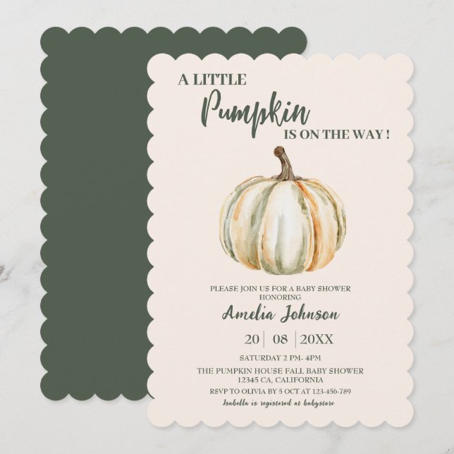Invitación Pequeña Calabaza en camino a la Baby Shower otoño (Anverso / Reverso)