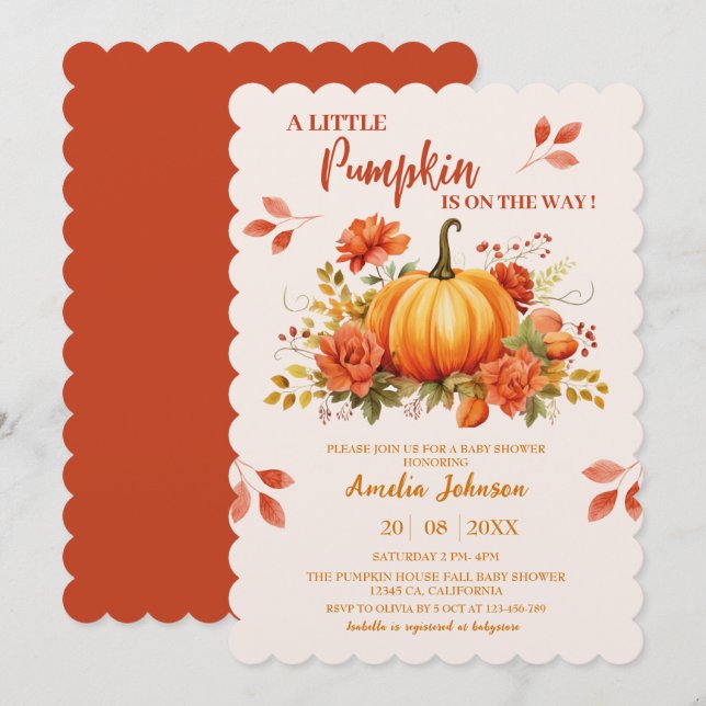 Invitación Pequeña Calabaza en camino a la Baby Shower otoño (Anverso / Reverso)