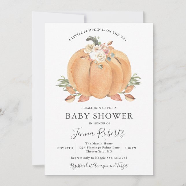 Invitación Pequeña Calabaza En Camino De Baby Shower (Anverso)