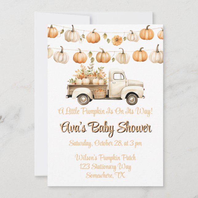Invitación Pequeña Calabaza En Camino De Baby Shower (Anverso)
