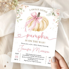 Invitación Pequeña Calabaza en Camino Lazo Rosa Baby Shower