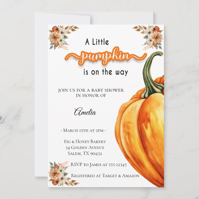 Invitación Pequeña calabaza en el camino a Baby Shower acuare (Anverso)