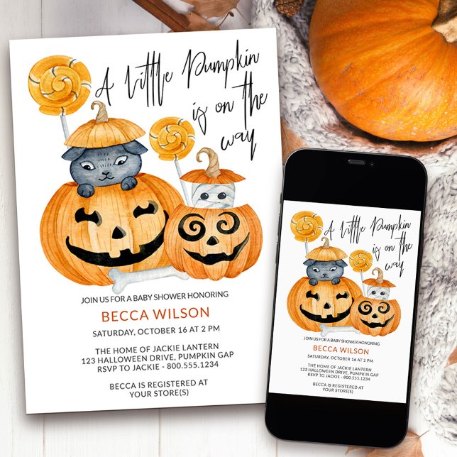 Invitación Pequeña calabaza en el camino a Baby Shower de Hal (Little Pumpkin cute halloween baby shower invitation available printed or as a printable download)