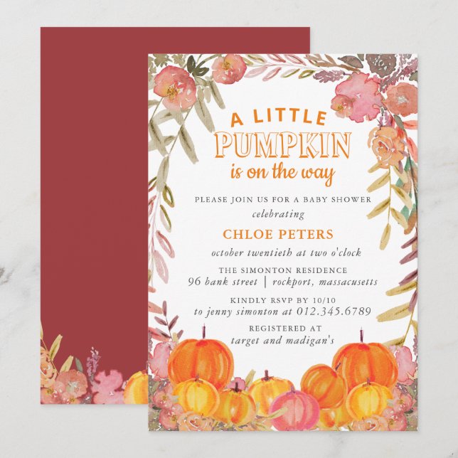 Invitación Pequeña calabaza en el camino a caer en Baby Showe (Anverso / Reverso)