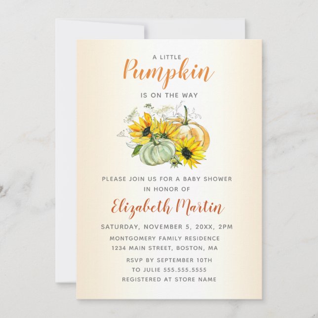 Invitación Pequeña calabaza en el camino a la acuarela Baby S (Anverso)