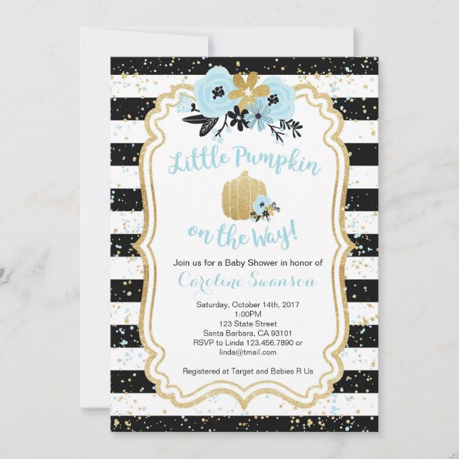 Invitación Pequeña calabaza en el camino- Azul y Oro- Niño (Anverso)