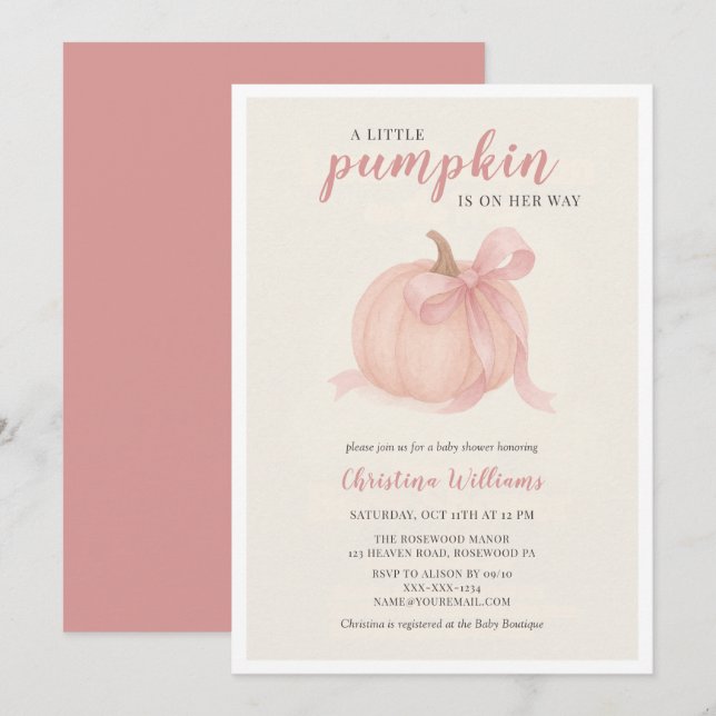 Invitación Pequeña calabaza en el camino del Baby Shower rosa (Anverso / Reverso)