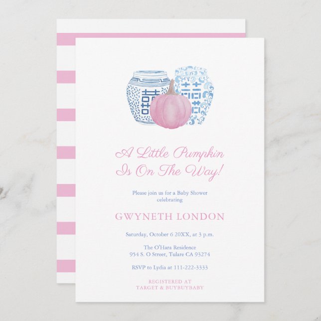 Invitación Pequeña Calabaza En El Camino Del Chica Rosa Baby  (Anverso / Reverso)