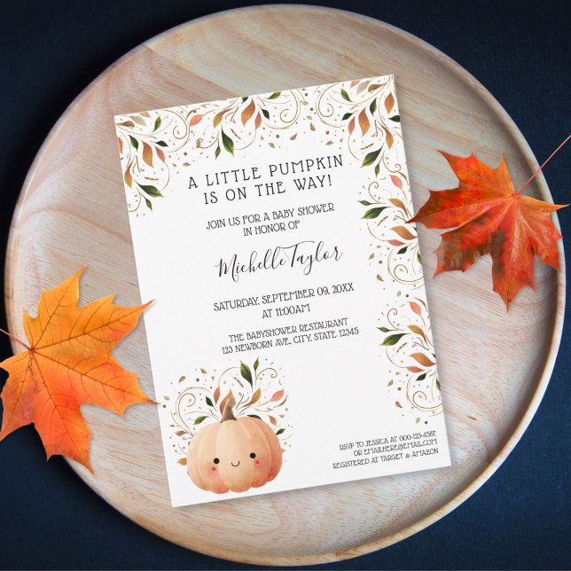 Invitación Pequeña calabaza en el camino hacia la caída de Ba (cute watercolor kawai little pumpkin baby shower
)