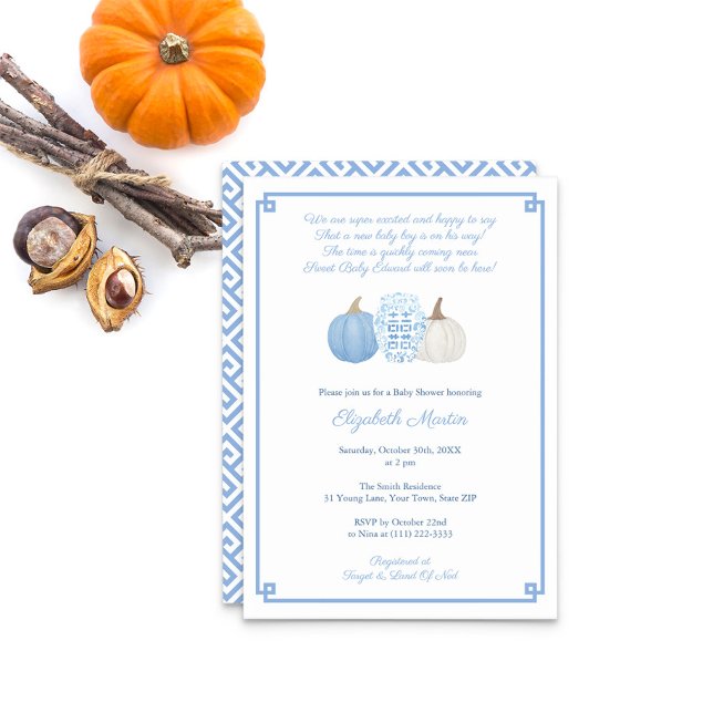 Invitación Pequeña Calabaza En El Camino Poem Boy Baby Shower (New Baby Boy Poem Baby Shower Invitation Light Blue And White Pumpkins Ginger Jar. Greek Key Reverse)