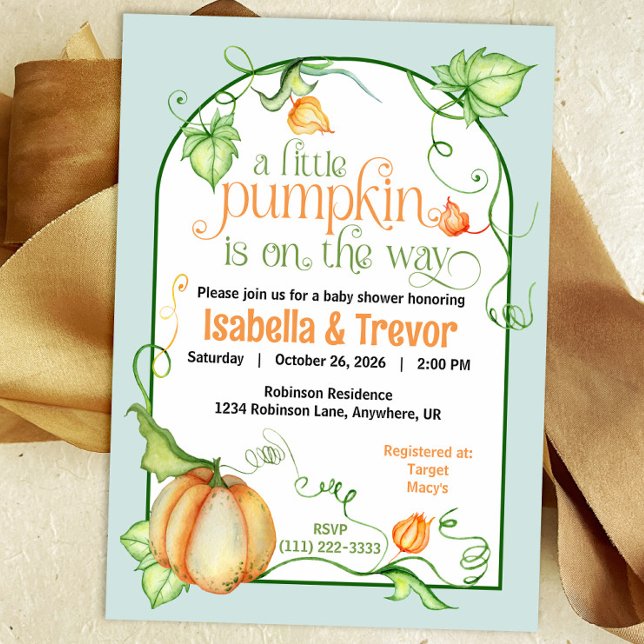 Invitación Pequeña calabaza en el otoño género neutro de Baby (Little Pumpkin on the Way Autumn Baby Shower Fairytale Invitation)