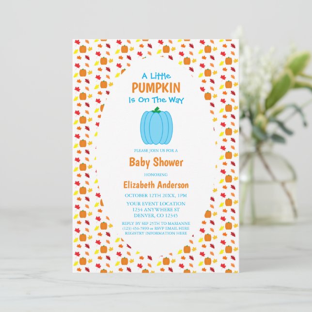 Invitación Pequeña Calabaza en otoño deja Baby Shower (Anverso de pie)