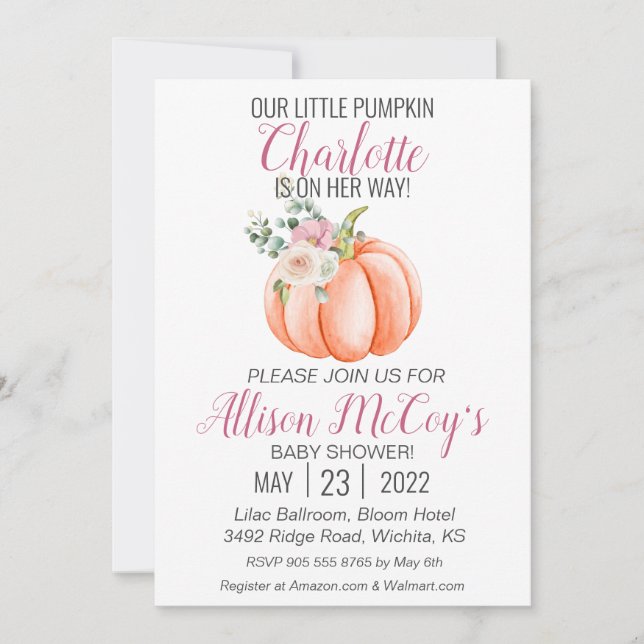 Invitación Pequeña calabaza en su camino a Baby Shower con fl (Anverso)