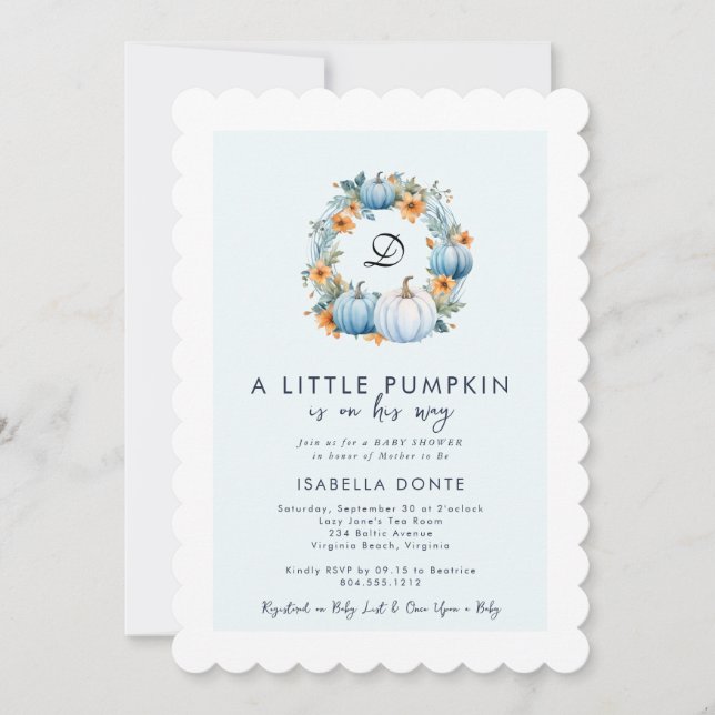 Invitación Pequeña calabaza en su camino Boy Baby Shower (Anverso)