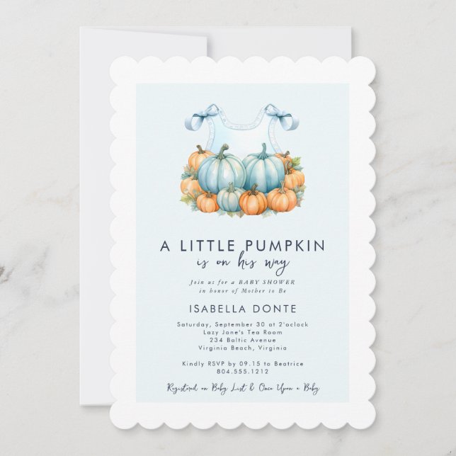 Invitación Pequeña calabaza en su camino Boy Baby Shower (Anverso)