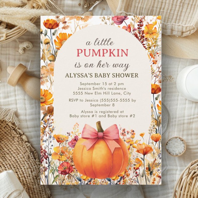 Invitación Pequeña calabaza en su camino hacia el arco otoño  ("Little Pumpkin" watercolor floral baby girl baby shower invitation)