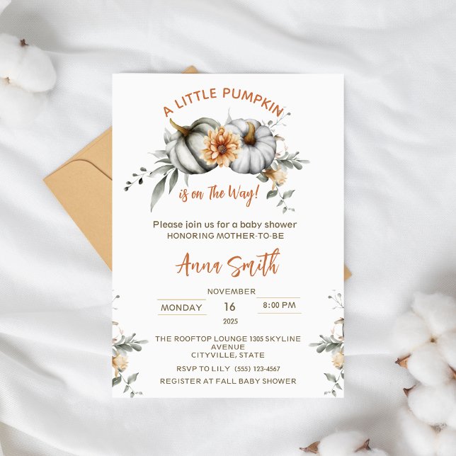 Invitación Pequeña calabaza está en camino de caer en Baby Sh (simple clean minimal little pumpkin baby shower girl boy twin chic fall autumn thanksgiving theme)