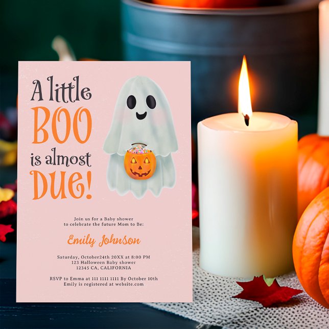 Invitación Pequeña calabaza fantasma Ducha de bebé Halloween (Little boo ghost pumpkin Halloween baby shower Invitation on pink)