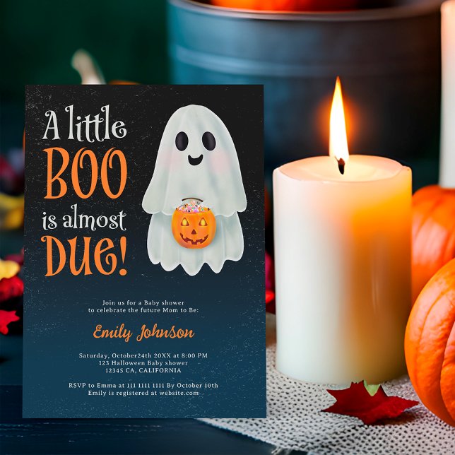 Invitación Pequeña calabaza fantasma Ducha de bebé Halloween (Little boo ghost pumpkin Halloween baby shower Invitation on blue)