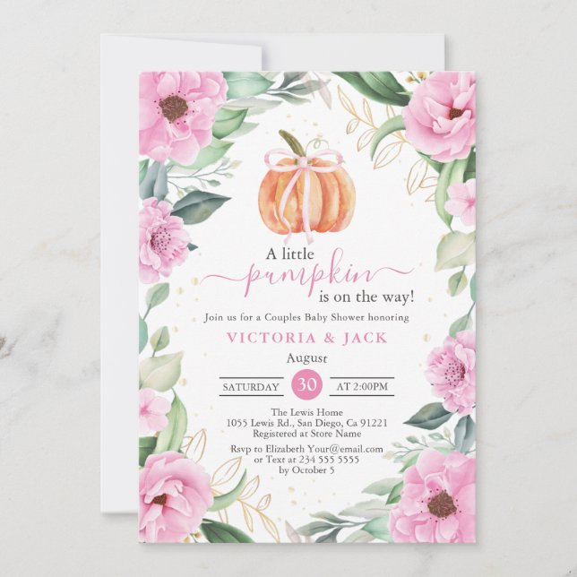 Invitación Pequeña Calabaza Flor Rosa Leaf Caer Baby Shower (Anverso)