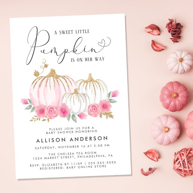 Invitación Pequeña Calabaza Flora Acuática Niña Ducha (Celebrate the upcoming arrival of your sweet little autumn baby with a pumpkin-themed baby shower)