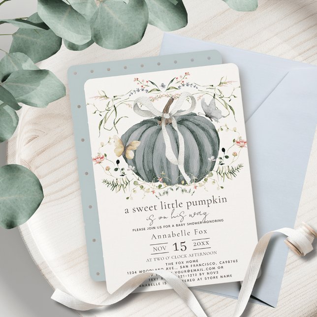 Invitación Pequeña Calabaza Flora Azul Baby Shower (Subido por el creador)