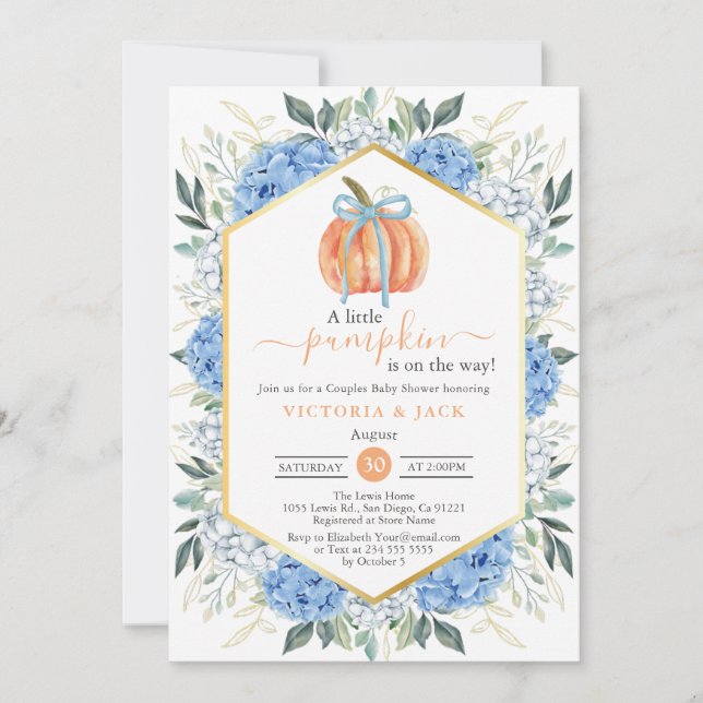 Invitación Pequeña Calabaza Floral Azul hojas caen Baby Showe (Anverso)