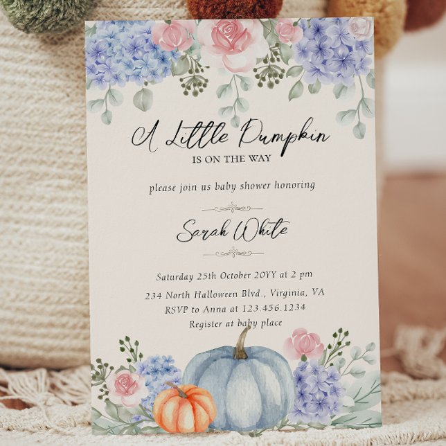 Invitación Pequeña Calabaza Floral Halloween Cae Baby Shower (Little Floral Pumpkin Halloween Fall Baby Shower Invitation)