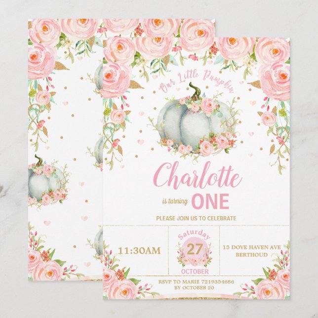Invitación Pequeña Calabaza Floral Rosa 1er cumpleaños (Anverso / Reverso)