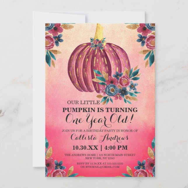 Invitación Pequeña Calabaza Floral Rosa acuarela Primer cumpl (Anverso)
