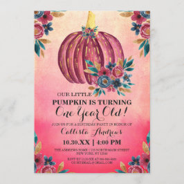 Invitación Pequeña Calabaza Floral Rosa acuarela Primer cumpl