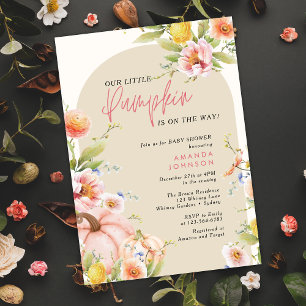 Invitación Pequeña calabaza Floral rosa Ducha de bebé otoño