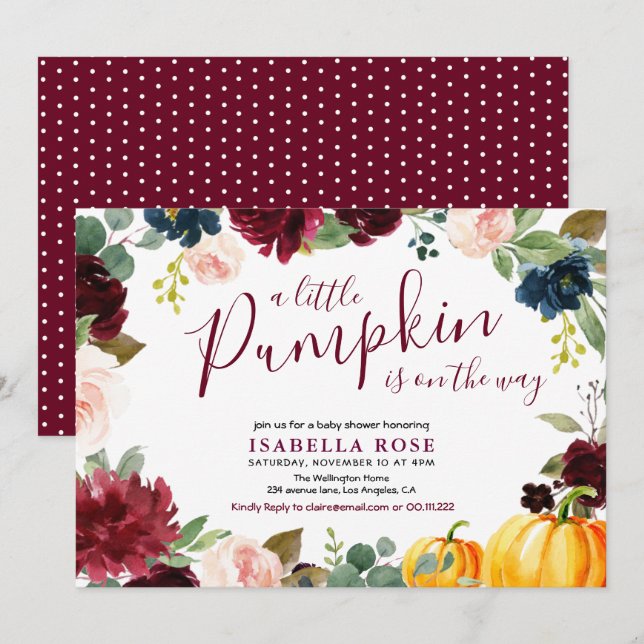 Invitación Pequeña calabaza florida ducha de bebé (Anverso / Reverso)
