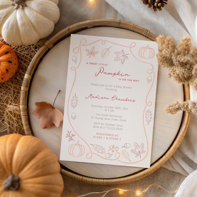 Invitación Pequeña calabaza Género Neutral Caída Baby Shower (Gender Neutral Sweet Little Pumpkin baby shower invitation with hand drawn icons & handwritten font)