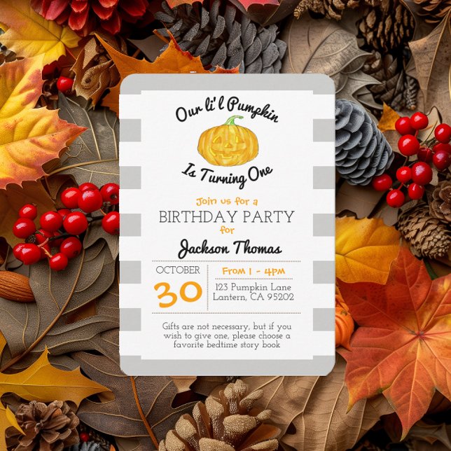Invitación Pequeña Calabaza Gris Stripe de niño Cumpleaños Pe (Subido por el creador)