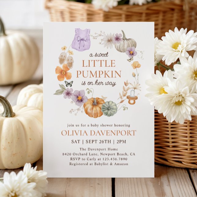 Invitación Pequeña Calabaza Lilac Chica de Caída Floral Baby  (Subido por el creador)
