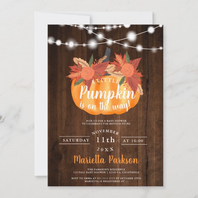 Invitación Pequeña calabaza luces de madera floral caen ducha (Anverso)