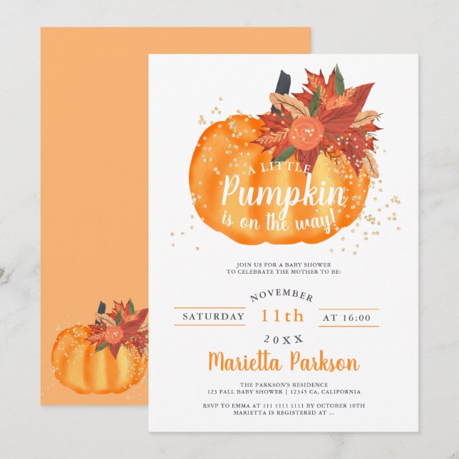 Invitación Pequeña calabaza naranja floral caerse bebé ducha (Anverso / Reverso)