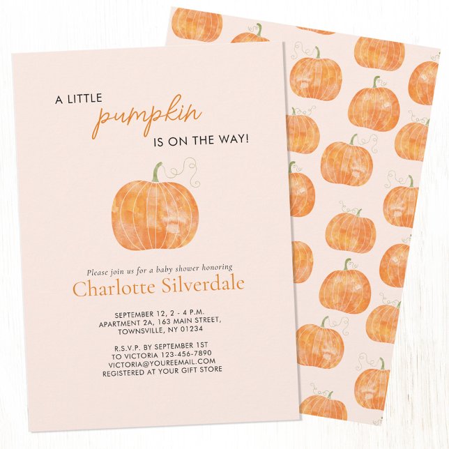 Invitación Pequeña calabaza otoño otoño otoño en Baby Shower (Pumpkin autumn fall watercolor personalized baby shower invitation)
