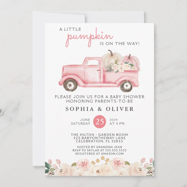 Invitación Pequeña Calabaza Parejas Rosa Baby Shower (Anverso)
