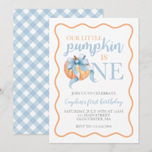 Invitación Pequeña Calabaza Pastel Azul Bow otoño 1er cumplea