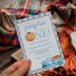 Invitación Pequeña Calabaza Pastel Azul primer cumpleaños