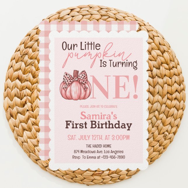 Invitación Pequeña Calabaza Pastel Rosa Caída Primer Cumpleañ (Subido por el creador)