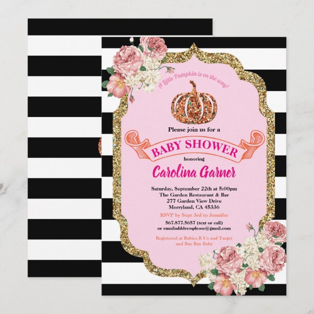Invitación Pequeña calabaza, pequeña ducha de bebé, invitació (Anverso / Reverso)