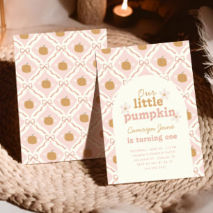 Invitación Pequeña Calabaza Pink Preppy Coquette Primer Cumpl