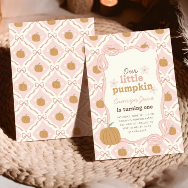 Invitación Pequeña Calabaza Pink Preppy Coquette Primer Cumpl (Subido por el creador)