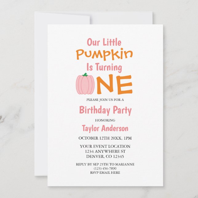 Invitación Pequeña Calabaza Primer Cumpleaños (Anverso)
