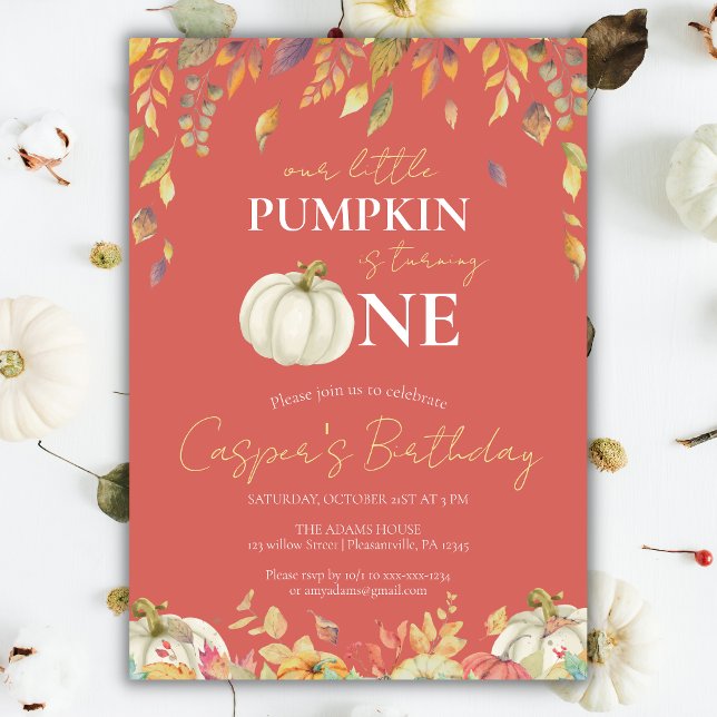 Invitación Pequeña Calabaza Primer Cumpleaños Caída de Acuare (Subido por el creador)
